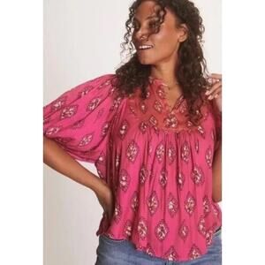 By Anthropologie Pink Red Ikat Floral Puff Sleeve Popover Blouse Women’s Small